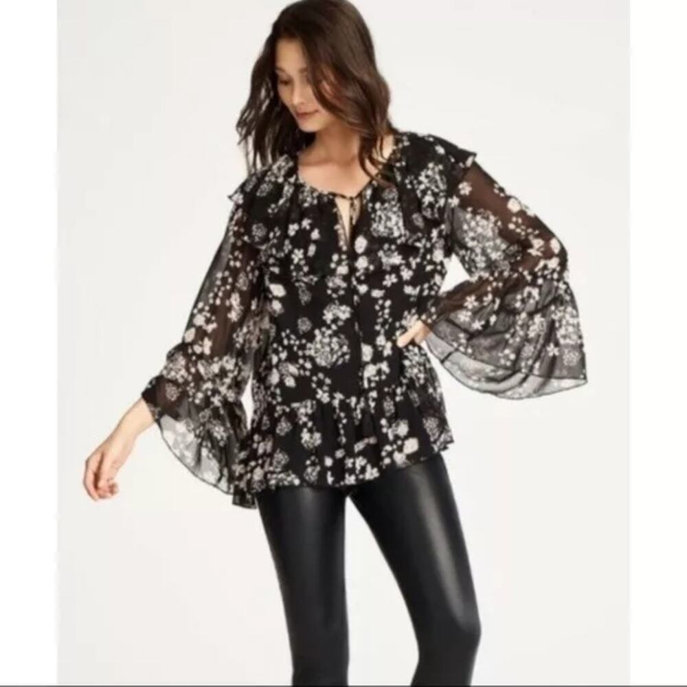 REBECCA MINKOFF Sheer Black Floral Ruffle Long Sleeve Blouse XS